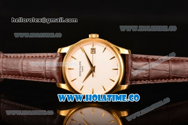 Patek Philippe Calatrava Miyota 9015 Automatic Yellow Gold Case with White Dial and Brown Leather Strap - Stick Markers - Click Image to Close